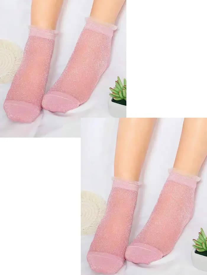 1/2/3 paires de chaussettes courtes en maille rose à paillettes pour femmes | Bordure en dentelle à volants | Kawaii