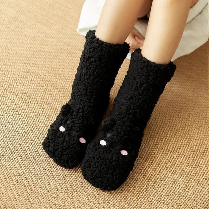 Femmes Kawaii ours chaussettes flou dormir chaud hiver corail polaire maison pantoufles mignon doux moelleux