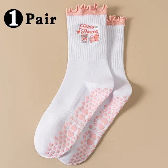 Chaussettes de yoga pour femmes de la série rose avec plis et broderie en forme de nœud