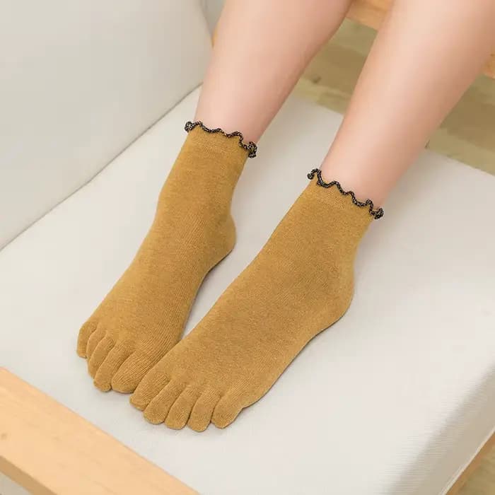 Chaussettes pour femmes coton cinq doigts à volants couleur unie orteil chaussettes avec 5 orteils c