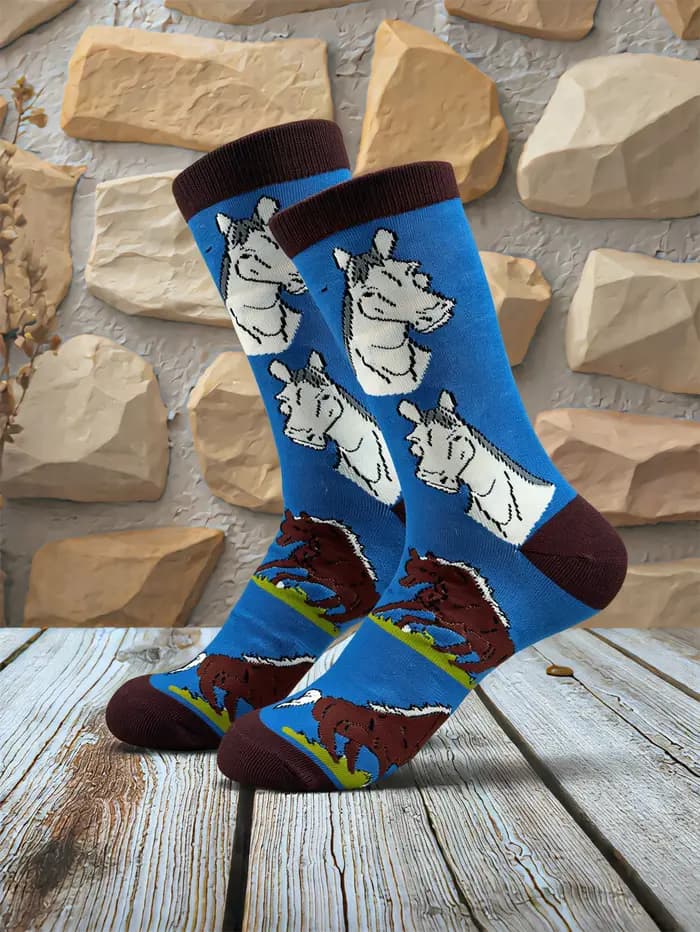 1 paire de chaussettes rétro en coton imprimées cheval pour homme
