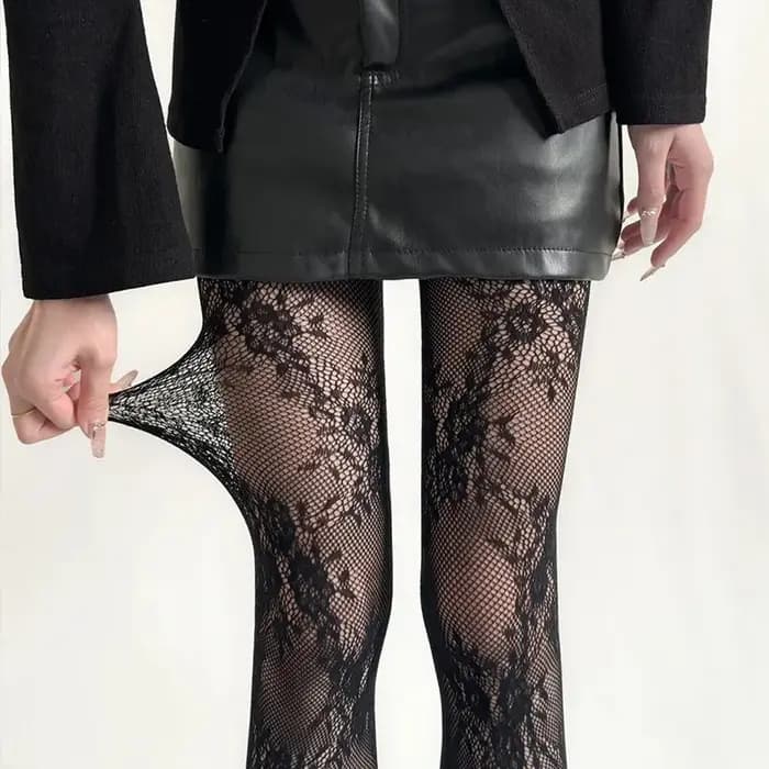 Harajuku noir blanc marron évidé dentelle maille collants Floral rotin bas bas Sexy femmes