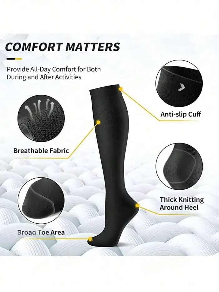 6 paires de chaussettes de compression – Design unisexe jusqu'aux genoux avec tissu doux et léger