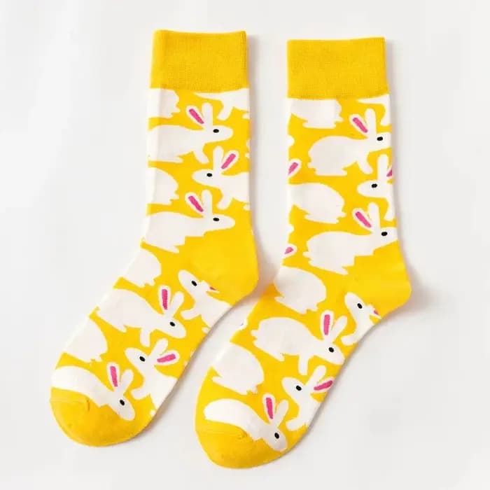 Femmes personnalité Couples drôle heureux chaussettes coton hommes chaussettes femme Soks oeuf lapin plume mouton chaussettes feuilles
