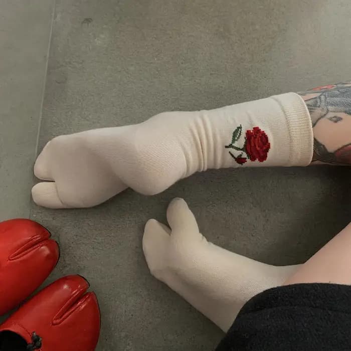 Femme mode élégant rétro printemps automne bout fendu coton chaussettes Rose motifs floraux deux orteils couleur unie Tube moyen Tabi Sox