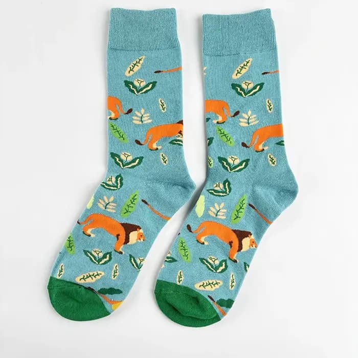 1 paire de chaussettes pour femmes, motif lion de la savane, couleur bleu menthe, bloc de couleur, mi-mollet, coton, tendance, dessin animé