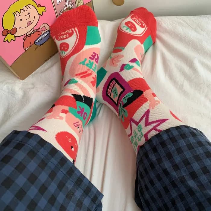 Chaussettes pour femmes en coton, printemps-automne, imprimé tomate, dessin animé mignon, kawaii, chaussettes mi-tube confortables, absorbant la transpiration, chaussettes en tissu éponge