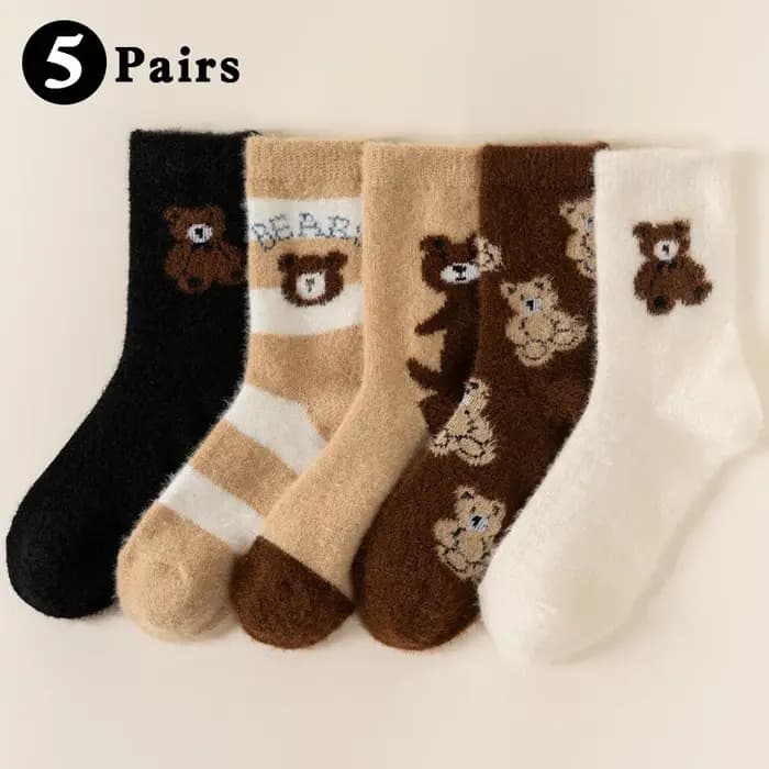 5 paires de chaussettes pour femmes ensemble ours en peluche hiver chaud épais fourrure de vison