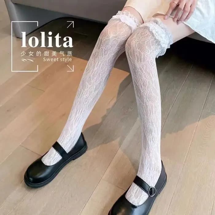 Femmes Lolita résille cuisse haute chaussettes Style japonais coeur rayé dentelle à motifs sur le genou longs bas à volants froufrous Kawaii