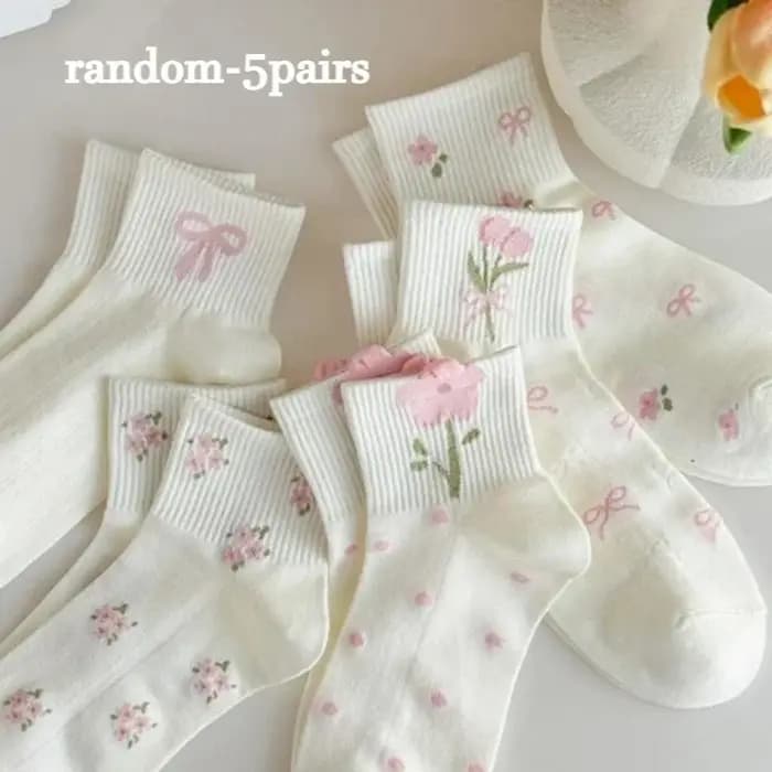 5 paires de chaussettes roses à nœud papillon et fleurs