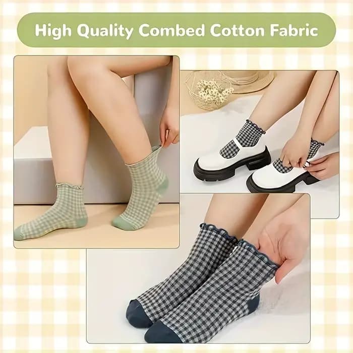 6 paires de chaussettes Vintage en dentelle à carreaux, tube moyen, bord champignon pour fille, chaussettes courtes colorées et mignonnes