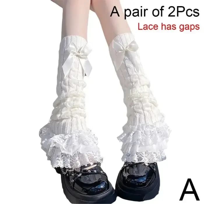 Femmes japonaises tricoté jambières arc à plusieurs niveaux chaussettes à volants fille dentelle Lolita