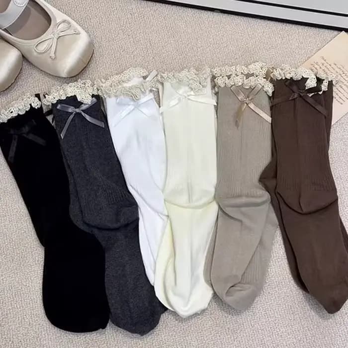 Harajuku automne couleur unie dentelle nœud Lolita à volants chaussette pour femmes Kawaii