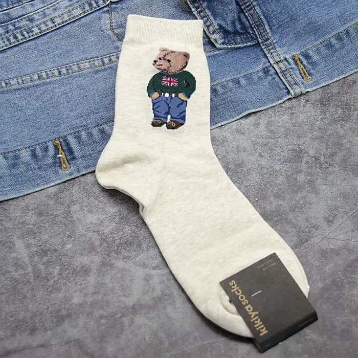 Chaussettes de dessin animé Gentleman Bear pour hommes, chaussettes rouges en coton, chaussettes de