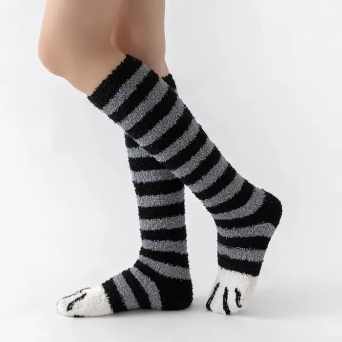 Patte de chat hiver chaussettes femmes longue rayure mignon sol sommeil épais filles dessin animé animaux doigts chaud