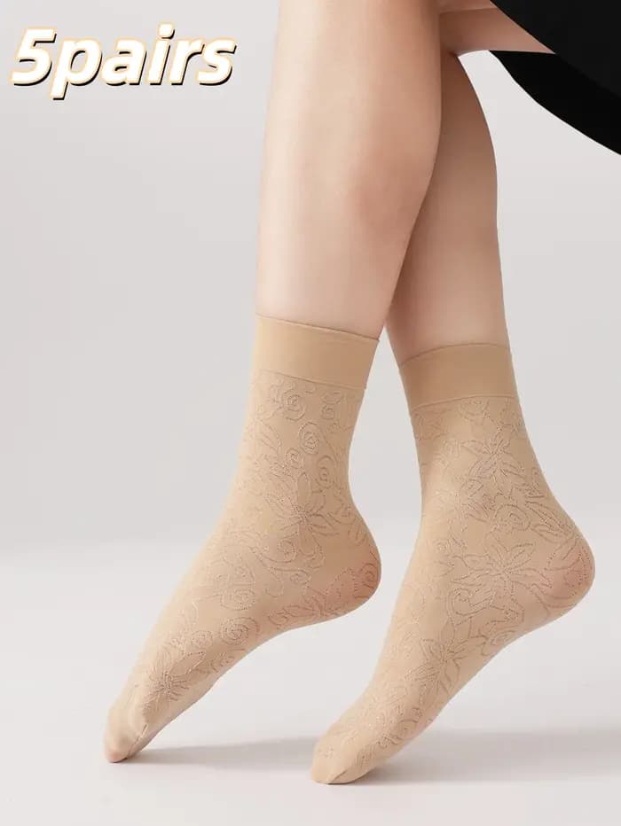 5 paires de chaussettes fines mi-mollet à motifs jacquard pour femmes