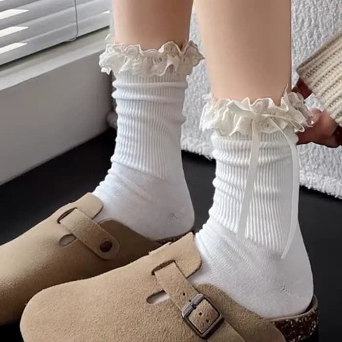 Harajuku automne couleur unie dentelle nœud Lolita à volants chaussette pour femmes Kawaii