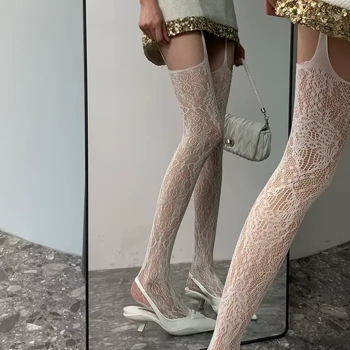 Chaussettes à bretelles en résille en dentelle ajourée pour femmes, bas Sexy en maille de Nylon minc