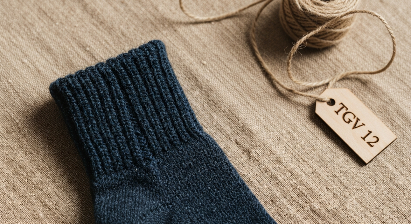 Cuff côte 1·1 d'une chaussette indigo posée sur lin oat